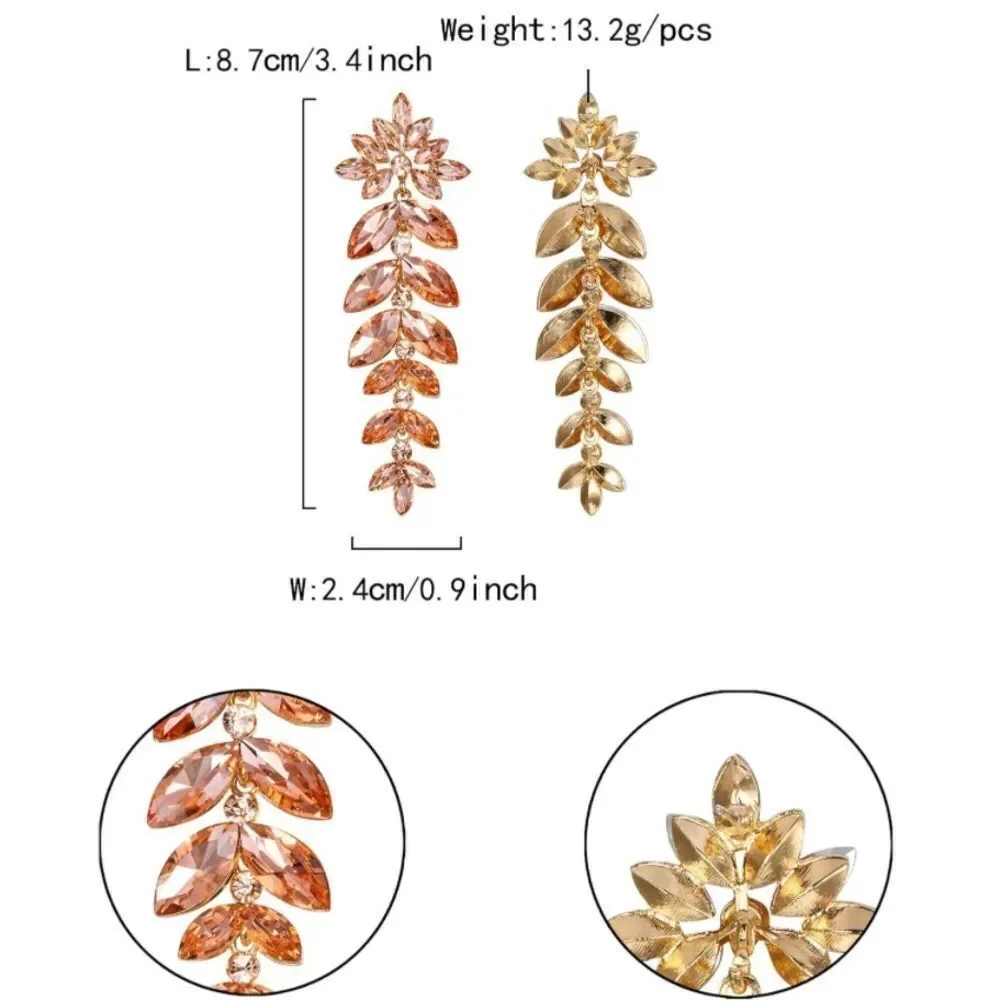 Yellow Gold with Champagne Topaz Austrian Crystal Leaf Chandelier Post Earrings